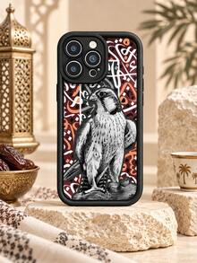 1pc Arabic Calligraphy Falcon Phone Case, Black & White Hand-Drawn Eagle Pattern With Red-Brown Geometric Design, Black Frame Full Coverage Shockproof Soft Protective Cover Compatible With IPhone 18 17 16 15 14 13 12 11/Pro/ProMax/X/XR/XS/XSMAX/7/8/PLUS And /Honor - Black - View 2