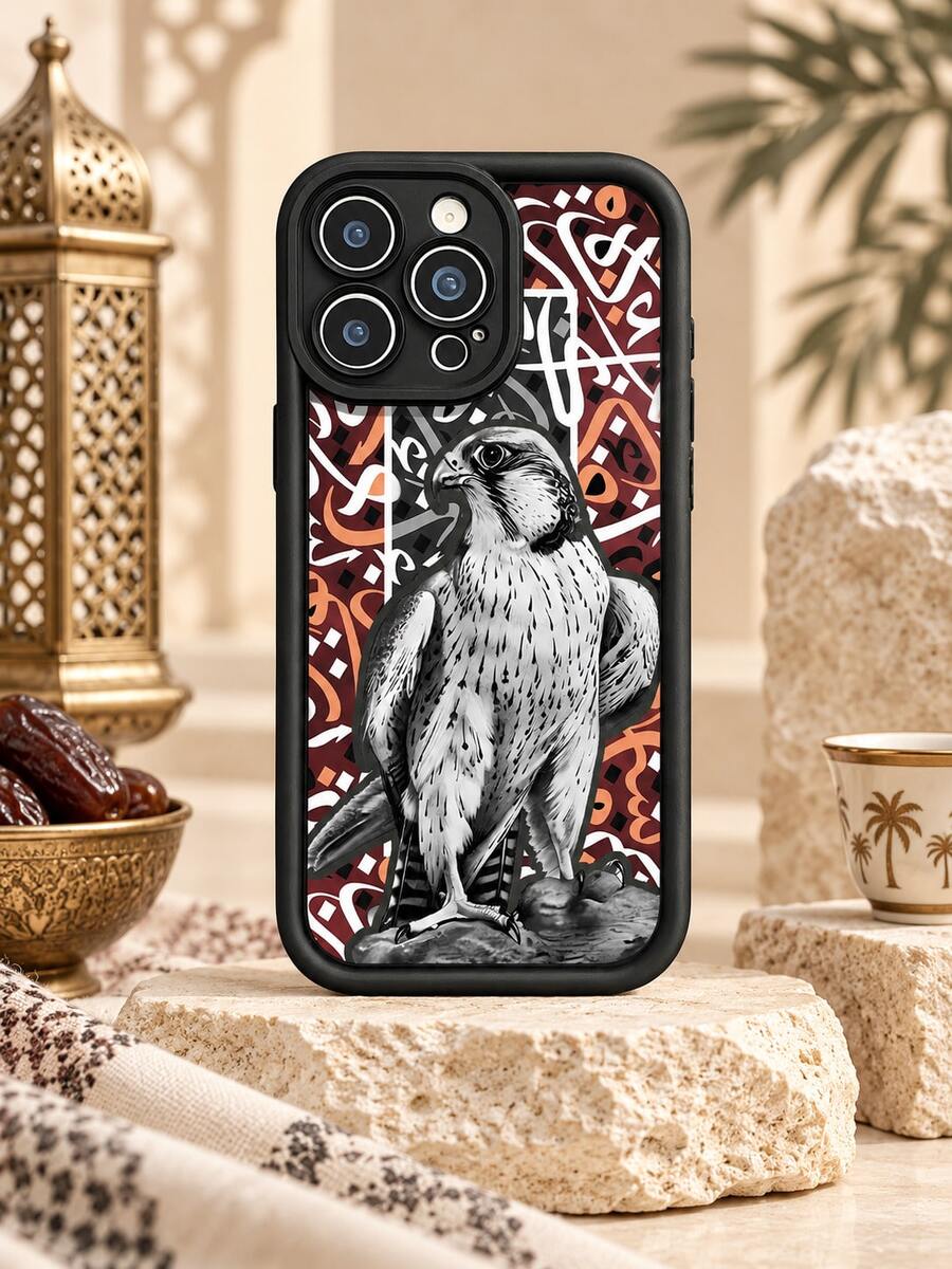 1pc Arabic Calligraphy Falcon Phone Case, Black & White Hand-Drawn Eagle Pattern With Red-Brown Geometric Design, Black Frame Full Coverage Shockproof Soft Protective Cover Compatible With IPhone 18 17 16 15 14 13 12 11/Pro/ProMax/X/XR/XS/XSMAX/7/8/PLUS And /Honor - Black - View 1