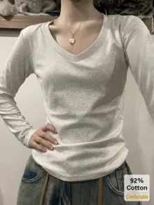 2pcs/Set Women's Solid Color Long Sleeve V-Neck Slim Fit Base Layer T-Shirt, Black + Heather Gray Versatile Casual Top - Heather Gray + Black - View 3