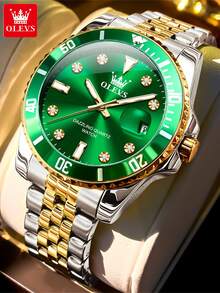 OLEVS Men Quartz Watch Luxury Two-Tone Stainless Steel Luminous Waterproof Rotating Bezel Date Display Rhinestone Business Casual Sport Diver Gift - Green - View 2