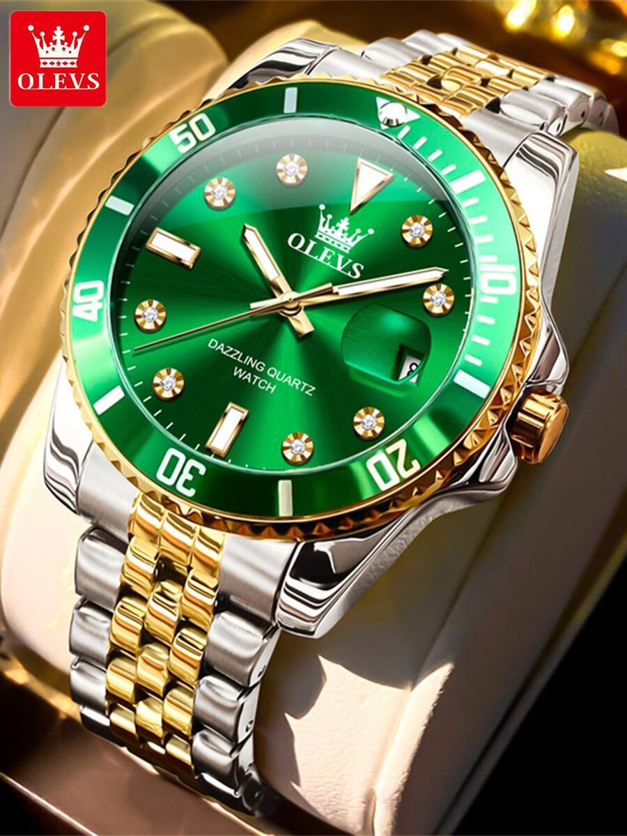 OLEVS Men Quartz Watch Luxury Two-Tone Stainless Steel Luminous Waterproof Rotating Bezel Date Display Rhinestone Business Casual Sport Diver Gift