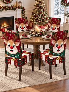 Multi-Piece Christmas Chair Cover Set, Cute Red-Nosed Reindeer Snowflake Plaid Gift Box Print Chair Back And Seat All-In-One Protective Cover, Suitable For Winter Kitchen, Dining Room, Home Gathering And Christmas Party Decoration - Multicolor - View 7
