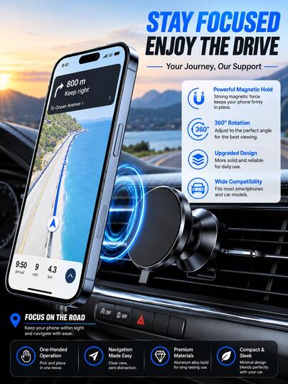 Magnetic Car Phone Mount, Air Vent Clip Design, Easy Installation, Automatic Magnetic Alignment, Hands-Free Use, No Need To Look Down For Navigation, Suitable For Road Trips