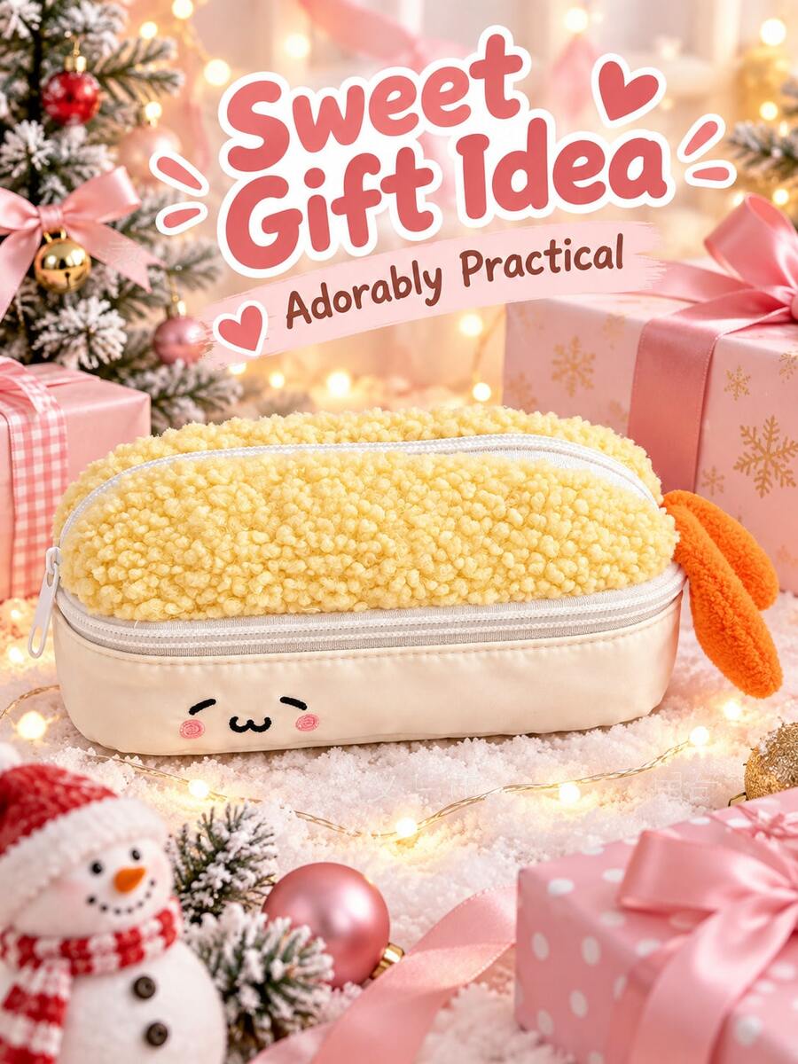 1pc Adorable Fried Shrimp Tempura Plush Pencil Case-A Fun, Dual-Zippered Case Shaped Like A Fried Shrimp, Offering High-Capacity Stationery Storage. - Multiple Styles - View 1