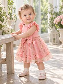 Summer Baby Girl Casual Cute Holiday Style Ribbed Patchwork Bow Decor Floral Double-Layer Mesh Dress - Pink - View 2