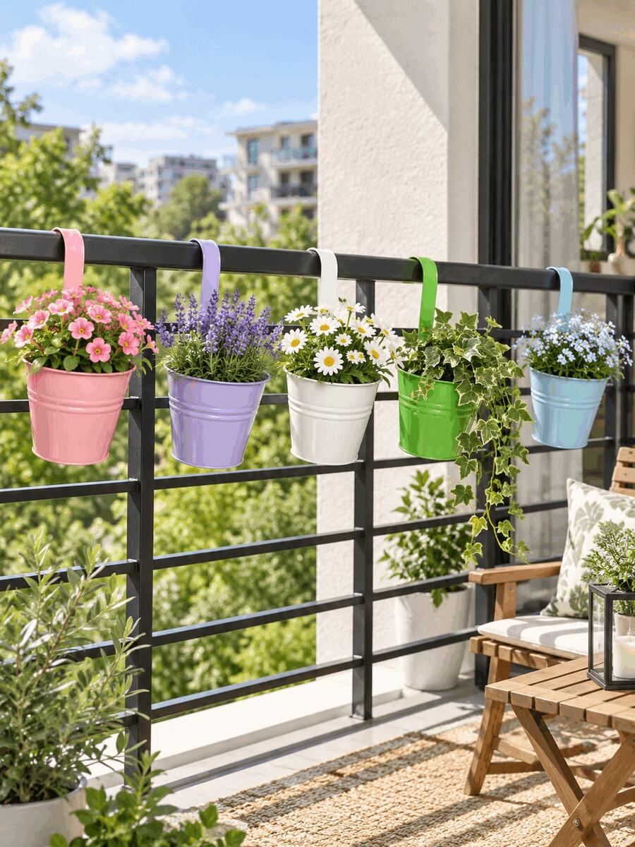 1/5/10pcs Colorful Hanging Iron Flower Pots, Railing Hook Planters, Iron Hanging Planting Pots, Suitable For Balcony Garden Yard Fence Hedge Decoration, Outdoor Home Gardening Landscape Decor, Garden Backdrop Photography Props - A - View 1