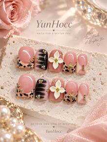 10Pcs Short Square Reusable Handmade Press On Nails, Pink Tone Leopard French Tips With Black Hand-Painted Brush Strokes & Gold Starburst Metal Charms, Sweet Cool False Nail Set, Perfect For Date, Party, Photoshoot & Daily Wear - Multicolor - View 3