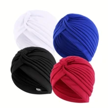 ZTZI 4Pcs Knotted Turban Headwrap For Women, Soft Stretchy Pleated Beanie Cap, Hair Loss Hat For Chemo, Muslim Hijab Solid Color Bohemian Polyester Bonnet For Daily Wear All Seasons - KK 4-piece Turban Cap Set - View 2