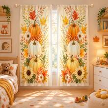 2pcs Autumn Harvest Pumpkin Maple Leaf Sunflower Pattern Printed Semi-Sheer Curtains, 90GSM Polyester Fiber Semi-Sheer Privacy Protection, Easy Installation, Quick Dry, Washable And Fade-Resistant, Lightweight Removable Curtains, Suitable For Home, Room, Kitchen And Other Partitions Or Decoration - Multicolor - View 5