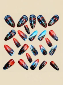 24片彩色漸層聖誕樹與雪景節日美甲貼片，中長杏仁形可穿戴式 - 彩色 - 查看 2