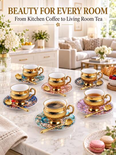 4pcs/6pcs European Vintage Gold Ceramic Coffee Cup & Saucer Set, Embossed Vertical Stripe High Foot Tea Cup With Floral Glass Saucer, With Cherry Blossom Shaped Spoon, Suitable For Home Afternoon Tea, Coffee Time, Holiday And Housewarming Gift