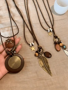 5pcs Bohemian Wood & Copper Pendant Leather Cord Necklace Set, Lightweight Vintage Versatile Jewelry - Assorted Colors - View 2