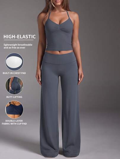 Women's 2pcs Spaghetti Strap Sports Set, Ruched Sleeveless Tank Top + High Waist Wide Leg Flare Pants, Elastic Tummy Control Yoga Outfit
