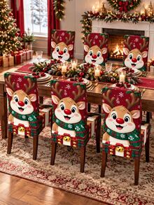 Multi-Piece Christmas Chair Cover Set, Cute Red-Nosed Reindeer Snowflake Plaid Gift Box Print Chair Back And Seat All-In-One Protective Cover, Suitable For Winter Kitchen, Dining Room, Home Gathering And Christmas Party Decoration - Multicolor - View 1