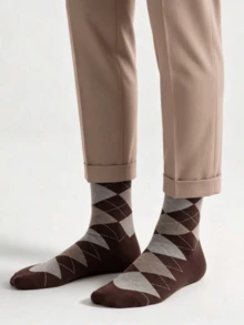 4 Pairs Men's Business Socks, Striped, Solid Color, Argyle, Plus Size, Mid-Calf, American Cotton Long Socks, Breathable - Camel - View 3