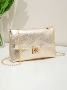 Women's Metallic Gold Chain Crossbody Bag, Shiny Envelope Clutch Purse, Elegant Shoulder Bag For Wedding, Party, Prom, Evening & Date Night - Gold - View 3