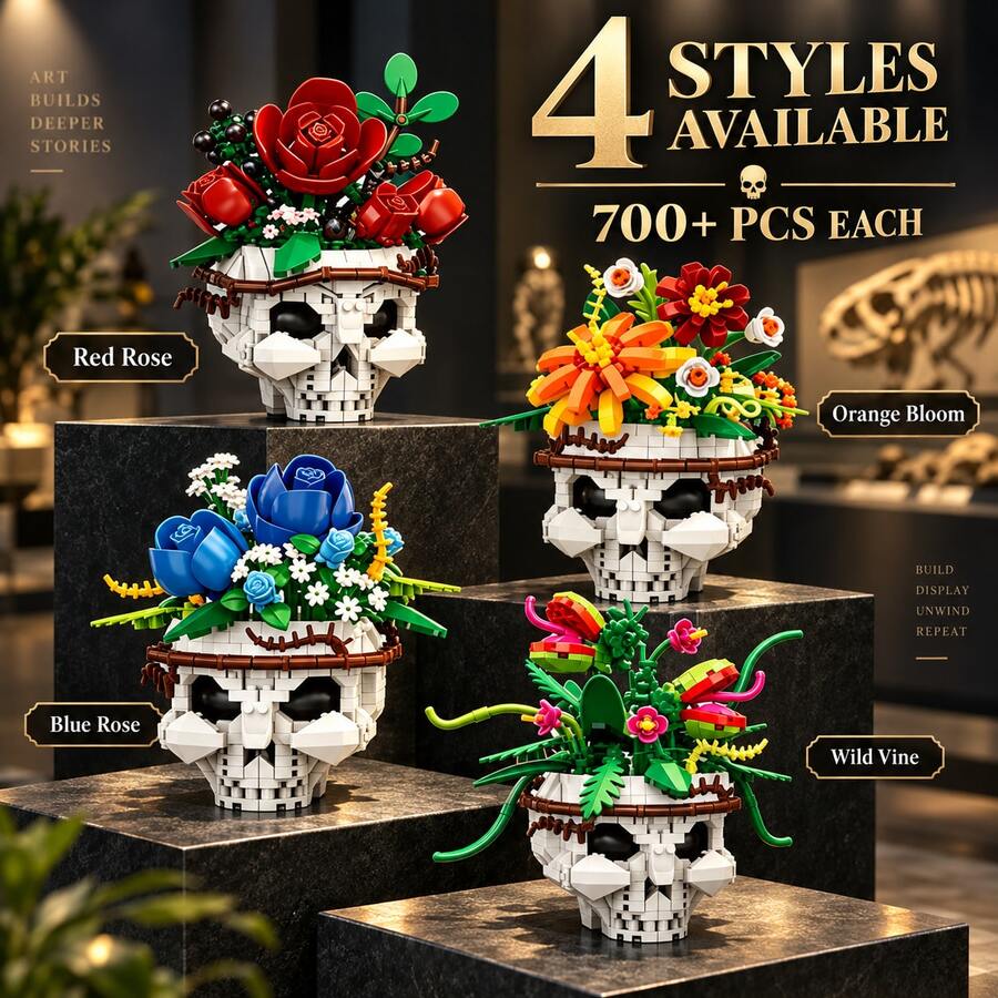 700+PCS Floral Skull Building Block Model, 4 Styles Available, Adult Botanical Skeleton Construction Set, Rose & Plant Skull Desktop Display Decor, Each Style Sold Separately