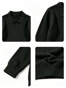 Sweater Polo Rajut Bergaris untuk Anak Laki-Laki Usia Remaja, Atasan Pullover Kasual Lengan Panjang Polos untuk Musim Gugur, Cocok untuk Sekolah & Pakaian Sehari-hari - Hitam - View 5