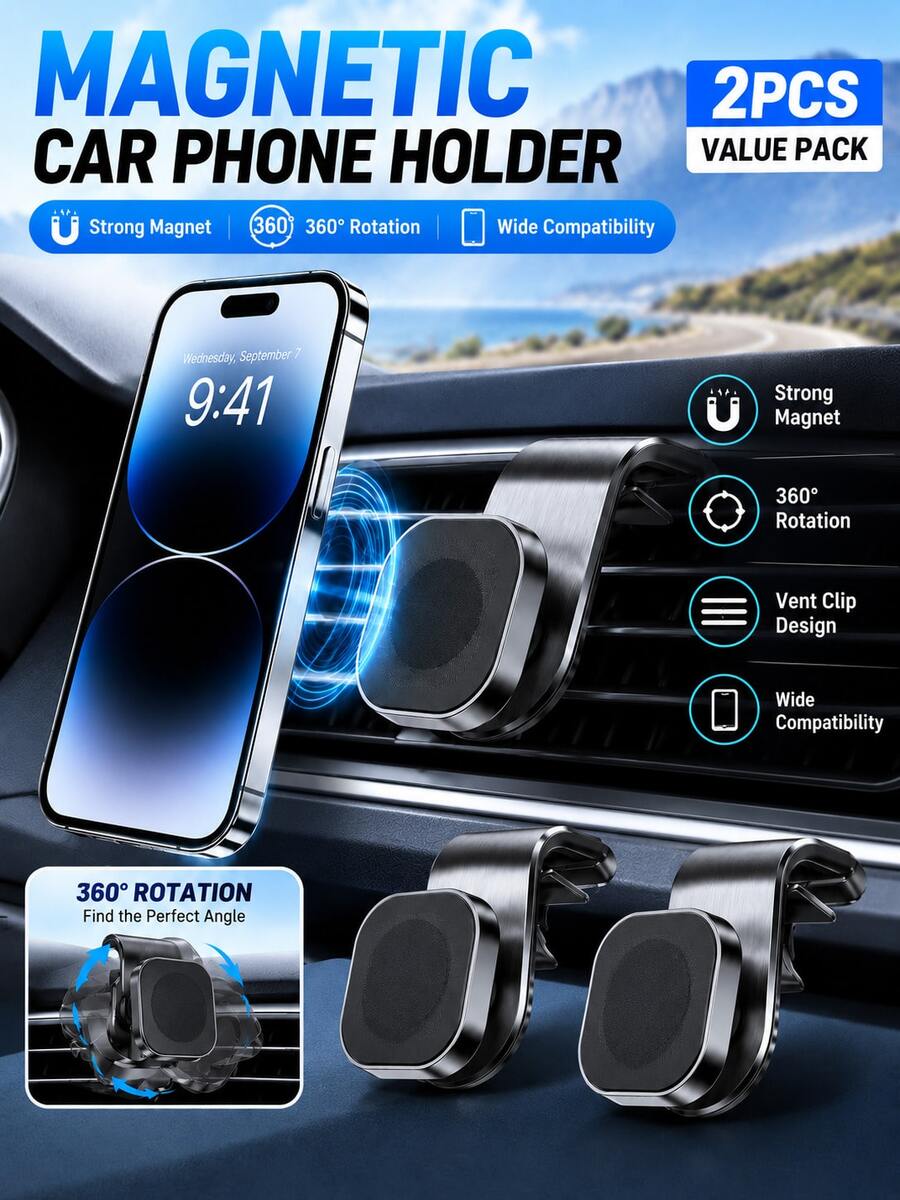 2pcs/1pc Car Air Vent Clip Magnetic Phone Holder, 360° Rotation, Designed For Navigation, Compatible With Multiple Car Models And Phones, Hands-Free Car Phone Mount, Car Accessories, 2026 Road Trip Essential