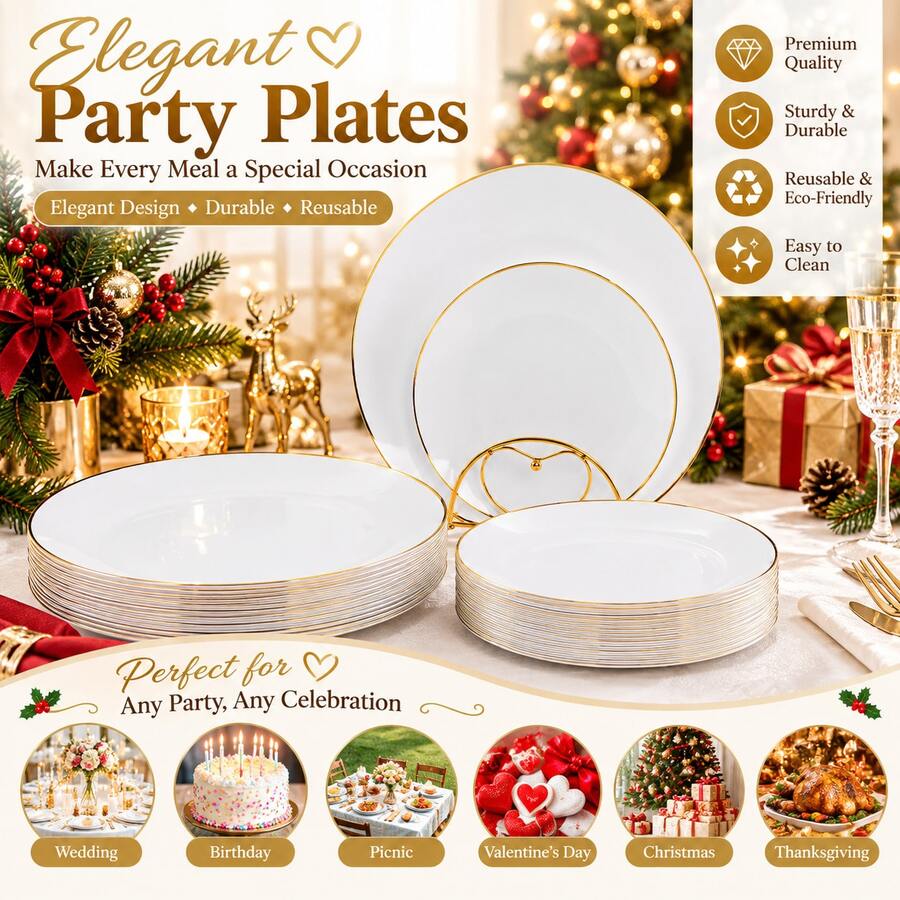Minimalist White With Gold Rim Round Tray/Plate/Platter - 7.5 Inch Small Plate/10.25 Inch Large Plate, Stackable Space-Saving, Elegant Tableware, Suitable For Weddings, Birthday Parties, Christmas, School Gatherings, Outdoor Banquets And Daily Dining. Suitable For Both Formal And Informal Occasions, Versatile Party Tableware, Ideal Choice For Event Planners