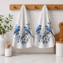 2pcs/Pack White Blue Bird & Floral Pattern Towels, Fresh Nordic Country Style Soft Absorbent Fabric Rectangular Kitchen Hand Towels, Blue Bird, Blue Flower, White Petal & Leaf Print Details, Elegant Natural Plant Theme Design, Suitable For Spring Kitchen, Dining Room, Country Home And Daily Decor. - Multicolor - View 9