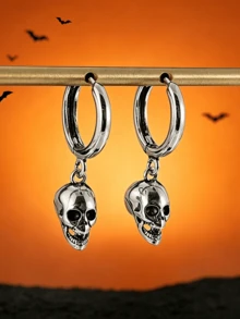 1 Pair Halloween Skeleton Earrings, Gothic Punk Fashion Earrings For Women - Antique Silver - View 2