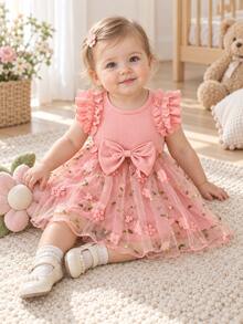 Summer Baby Girl Casual Cute Holiday Style Ribbed Patchwork Bow Decor Floral Double-Layer Mesh Dress - Pink - View 1