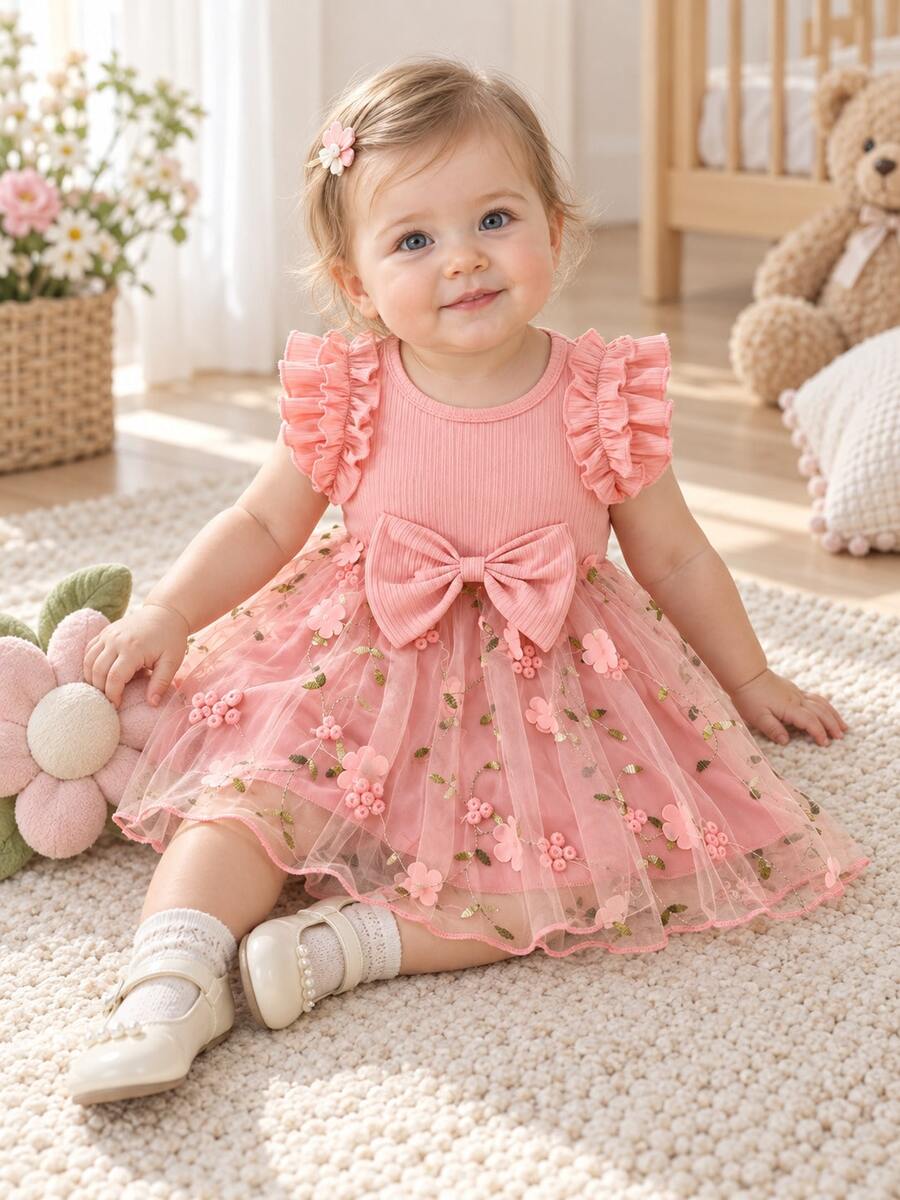 Summer Baby Girl Casual Cute Holiday Style Ribbed Patchwork Bow Decor Floral Double-Layer Mesh Dress - Pink - View 1