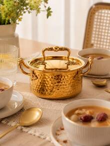 1pc Mini Hammered Metal Cooking Pot With Lid, Dual Handles, Small Soup Pot, Suitable For Milk, Noodles, Stew And Single Person Meals, Kitchen To Table Cookware - View 2