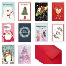 10Pcs Christmas & Happy New Year Greeting Cards With Red Envelopes, Assorted Cute Cartoon Xmas Folded Note Cards, Holiday Handwritten Blessing Cards For Family Friends Gift - Multicolor - View 6
