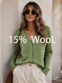 15% Wool Sweater, Women's Solid Color Minimalist Loose Knit Cardigan, Button Round Neck Versatile Sweater, Suitable For Daily Commute, Street Style Outfit - Green - View 2