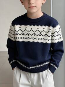 Boys Retro Fair Isle Jacquard Knit Top, Preppy Style Long Sleeve Pullover Sweater For Daily Wear - Navy Blue - View 2