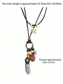 5pcs Bohemian Wood & Copper Pendant Leather Cord Necklace Set, Lightweight Vintage Versatile Jewelry - Assorted Colors - View 3