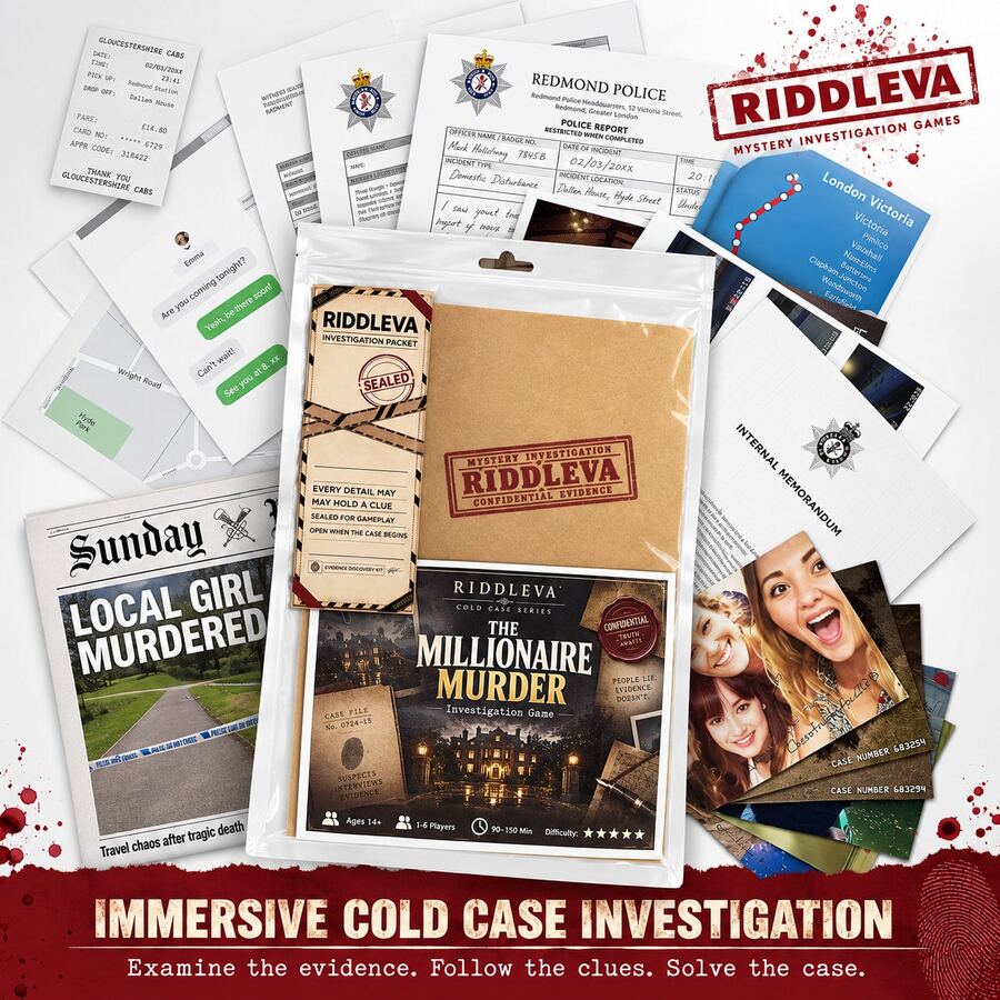 RIDDLEVA Millionaire Detective 推理桌遊 冷案調查拼圖桌上遊戲 1-6人 適合家庭聚會 互動遊戲 萬聖節派對 聖誕節 生日禮物