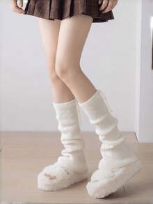 Knitted Ruched Leg Warmers With Straps For Women, Grey Harajuku Style Mid-Calf Leg Warmers, Spring/Autumn/Winter - Multicolor - View 14