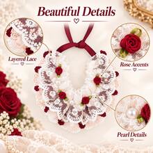 Vintage Lace Pet Collar With Burgundy Roses And Pearl Accents, Elegant Ruffle Neck Accessory With Ribbon Tie For Cats And Small Dogs, Aesthetic Pet Photo Prop And Party Outfit Decor - Red and White - View 4
