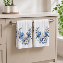 2pcs/Pack White Blue Bird & Floral Pattern Towels, Fresh Nordic Country Style Soft Absorbent Fabric Rectangular Kitchen Hand Towels, Blue Bird, Blue Flower, White Petal & Leaf Print Details, Elegant Natural Plant Theme Design, Suitable For Spring Kitchen, Dining Room, Country Home And Daily Decor. - Multicolor - View 8