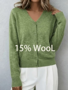 15% Wool Sweater, Women's Solid Color Minimalist Loose Knit Cardigan, Button Round Neck Versatile Sweater, Suitable For Daily Commute, Street Style Outfit - Green - View 4