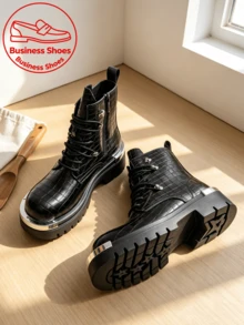 Sepatu Bot Pria Hitam Motif Buaya Timbul dengan Pelindung Jari Kaki Logam, Sol Tebal, Resleting Samping dan Desain Bertali, Sepatu Bot Motor Penambah Tinggi, Sepatu Bot Derby Retro Modis untuk Pria - Hitam - View 7