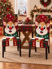 Multi-Piece Christmas Chair Cover Set, Cute Red-Nosed Reindeer Snowflake Plaid Gift Box Print Chair Back And Seat All-In-One Protective Cover, Suitable For Winter Kitchen, Dining Room, Home Gathering And Christmas Party Decoration - Multicolor - View 5