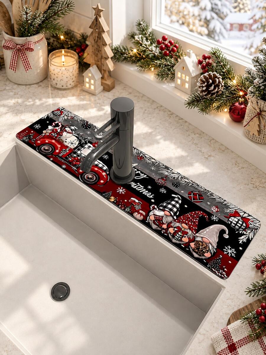 1pc Christmas Santa Claus Pattern, Sink Faucet Water Absorbent Mat, Drainage Mat, Suitable For Kitchen, Bathroom Sink, Countertop, Drainage Mat, Diatomaceous Earth Material, Trimmable, Quick-Drying Mat - Multicolor - View 1