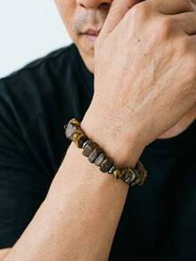 1Pc Rough Wood Chip Natural Stone Beaded Bracelet Vintage Elastic Stretch Wristband Men Bohemian Daily Wear Jewelry Gift - Irregular Beaded Bracelet - View 1