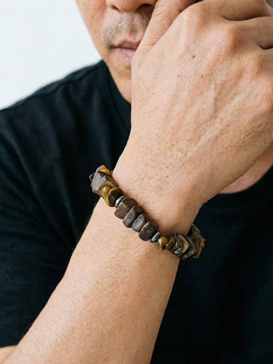1Pc Rough Wood Chip Natural Stone Beaded Bracelet Vintage Elastic Stretch Wristband Men Bohemian Daily Wear Jewelry Gift - Irregular Beaded Bracelet - View 1