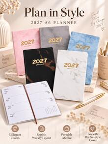1pc 2027 Vintage Marble Cover Planner Notebook A6 Portable Size Student Notebook Study Notes Register Back To School Stationery Gift For Friends - Single Piece - View 9