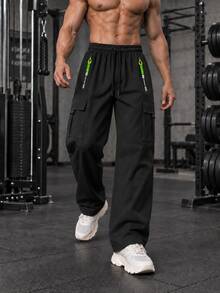 Men's Sports Cargo Pants, Loose Fit Wide Leg Drawstring Pants With Zipper Pockets, For Fitness And Outdoor - Black - View 1