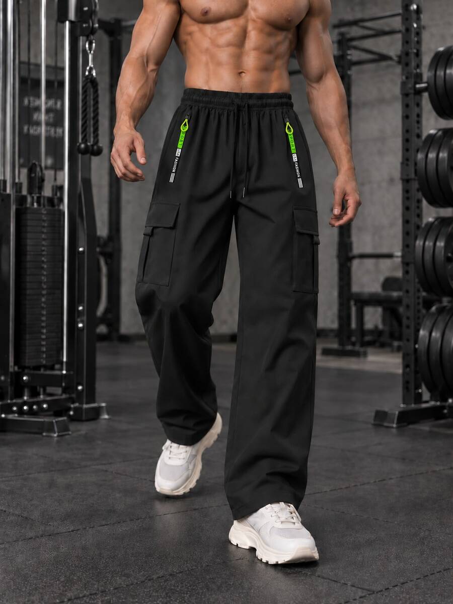 Men's Sports Cargo Pants, Loose Fit Wide Leg Drawstring Pants With Zipper Pockets, For Fitness And Outdoor - Black - View 1
