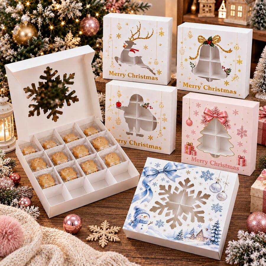 4pcs/1pc Merry Christmas Window Slot Layered Cupcake Cookie Candy Packaging Box, Santa Claus Reindeer Snowflake Gift Box