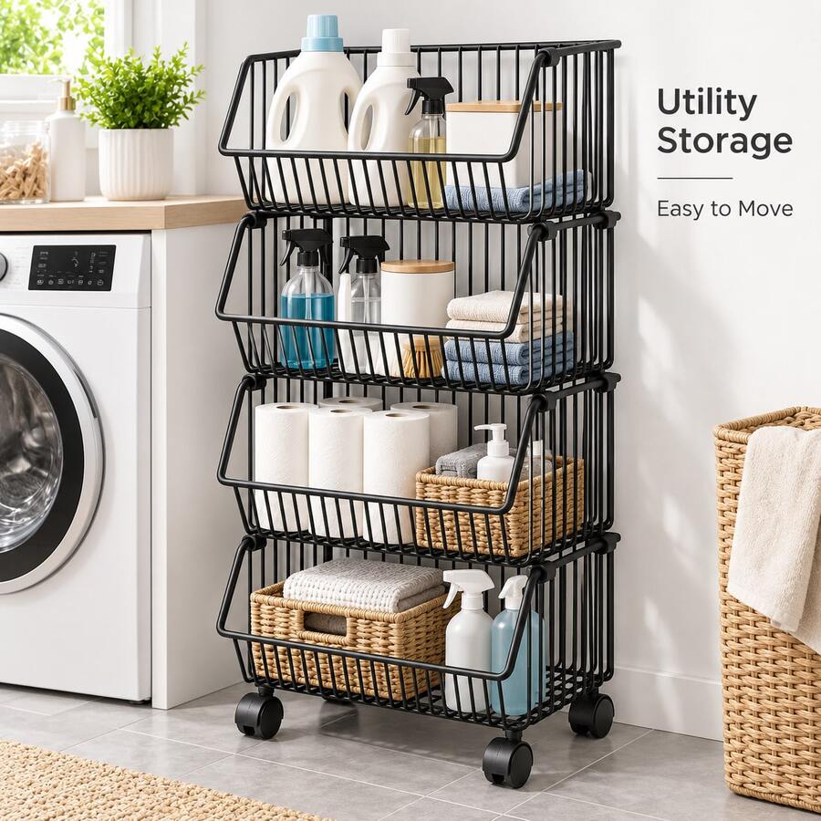 Black Rolling Organizer Shelf For Bathroom Laundry Room Bedroom Storage - View 1