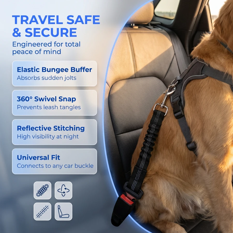 1pc Reflective Elastic Pet Car Safety Belt, Shock-Absorbing Dog Cat Vehicle Restraint Strap, Adjustable Nylon Pet Travel Seat Tether - Black - View 1