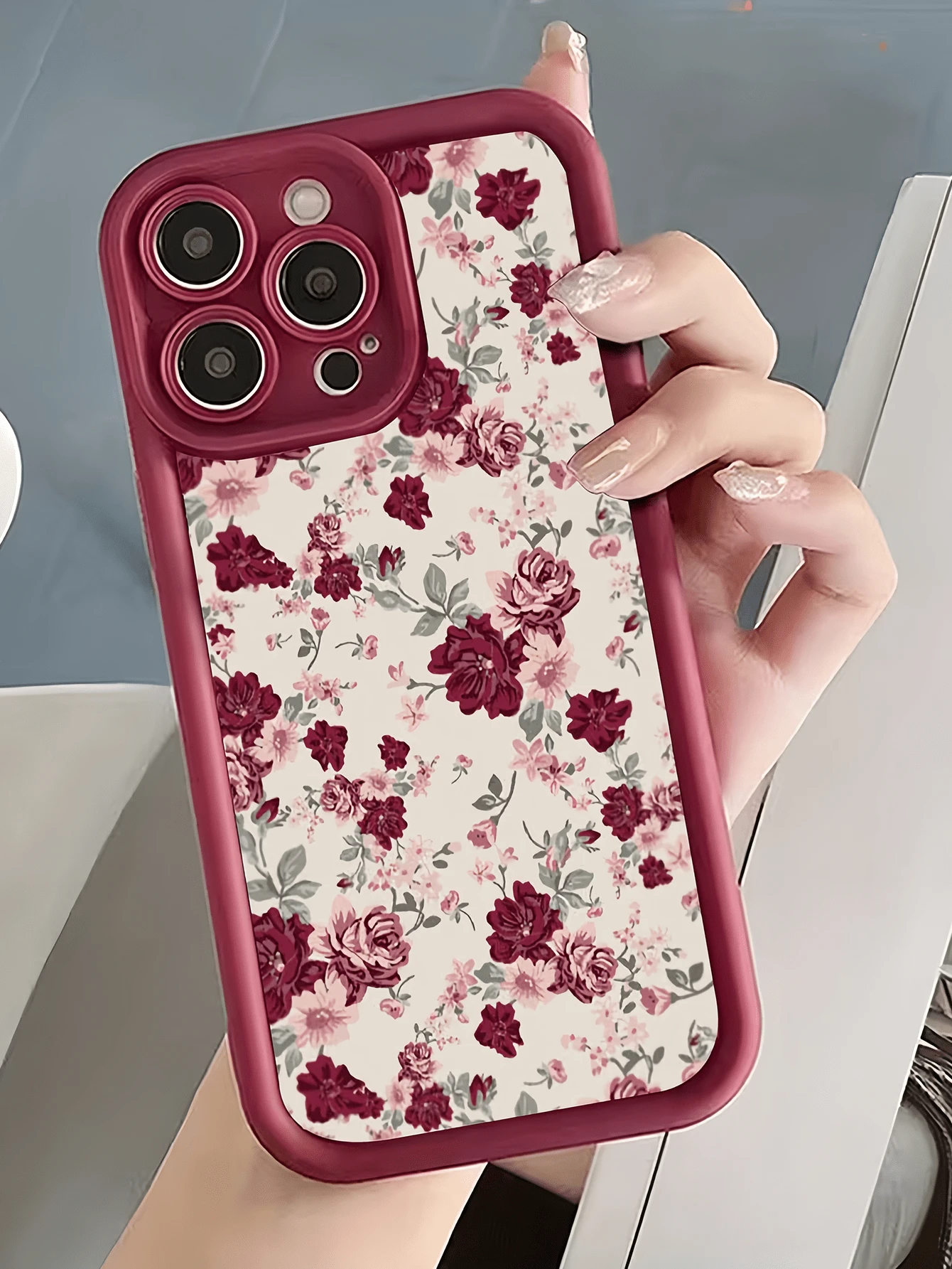 1件裝 酒紅玫瑰花卉圖案 全包覆 TPU 防震手機殼,適用於 Apple 18 17 16 15 14 13 12 11 Pro Max 及系列 - 彩色 - 查看 1